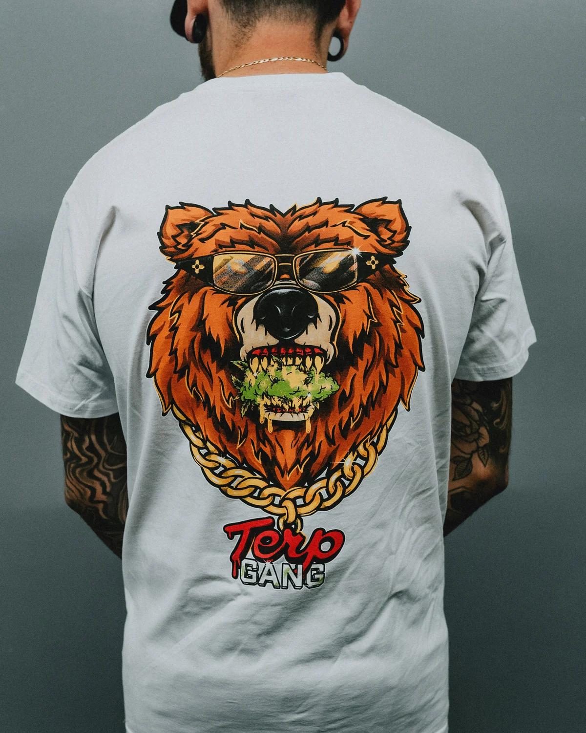 Terp Gang T-shirt with bear artwork, shown from the back